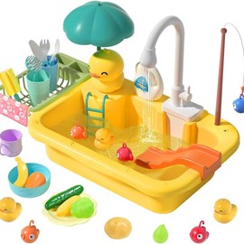CUTE STONE Color Changing Kitchen Sink Toys Heat Sensitive Electric Dishwasher Playing Toy with Running Water, Automatic Water Cycle System Easter Gifts:_Yellow