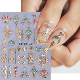 Sun Moon Nail Stickers for Nail Art, 5D Embossed Bohemian Style Nail Decals Metallic Gold Sun Moon Star Luxury Nail Art Supplies for Women Girls (2Sheets)