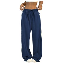 BEAUDRM Women's Y2K Baggy Sweatpants Wide Leg Track Pants Striped Low Rise Drawstring Pant Joggers Streetwear Dark Blue Large