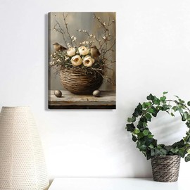 HKMXCD 1Pcs Birdie Canvas Wall Art Flower basket with bird Print Country style pictures Retro Farmhouse painting Artwork birds Wall Decor for Living room bedroom kitchen home decoration 16x24in