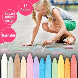 The Mega Deals Sidewalk Chalk for Kids 12 Count with 4 Sidewalk Stencils, Non Toxic Washable Chalk for Kids Square Anti-Roll Design Colored Chalks Bulk for Outdoor Play