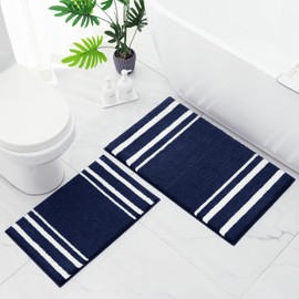 HOMEIDEAS Bathroom Rug Set 2 Piece, Striped Super Absorbent Soft Microfiber Non-Slip Washable Bath Mats for Shower and Tub (Navy Blue)