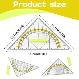Set Square with Handle, 4 Pieces Drawing Triangle Protractor, 16 cm Plastic, Transparent, Flexible Set Square for Circles Drawing, Suitable for Students, Office, Designer Painting