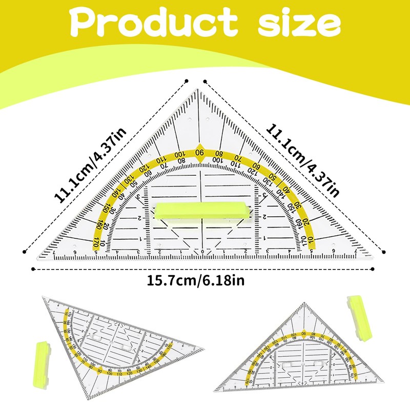 Set Square with Handle, 4 Pieces Drawing Triangle Protractor, 16