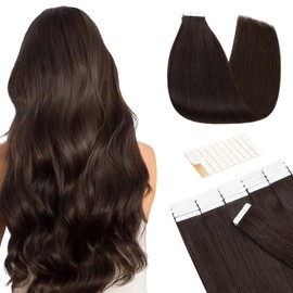 TESS Tape in Hair Extensions Real Human Hair 10 PCS #02 Dark Brown - 22 Inch Seamless Invisible Extension Weft Straight 25g