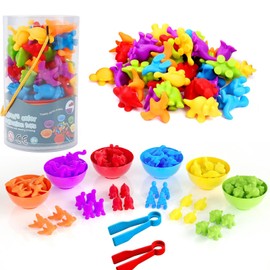 Dinosaurs Sorting Toys - Colour Sorting Toys for Toddlers 58-Piece Montessori Counting Dinosaur Toys with Matching Sorting Cups Dices and Tweezers, Educational Learning Toys for 3 4 5 Years Old