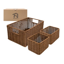 WeeNest Wicker Basket with Handle, Wicker Baskets for Organizing, Shelf Baskets, Shelf Baskets for Organizing, Woven Basket with Handles, Wicker Basket Organizers, Resin Wicker Set of 3, Toffee