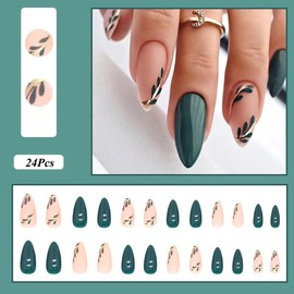 kyzistn Press on Nails Long Acrylic Almond Fake Green Full Cover, Summer Color Artificial Nails for Women and Girls DIY Manicure Decoration