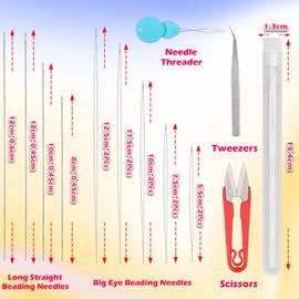 EuTengHao 19Pcs Big Eye Beading Needles Long Straight Beading Thread Needles Embroidery Needles Scissors Tweezers with Needle Bottle for Beading Bracelet Necklace Jewelry Making
