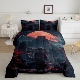Feelyou Red Black Japanese Samurai Comforter Set Queen Size Kids Warrior Sun Bedding Set for Boys Girls Teens Bushido Retro Oriental Tower Comforter Breathable Ink Painting Duvet Set Quilt Set