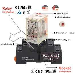 Weasch Electromagnetic Power Relay with Test Button, RKF2CO615LT, 8 Pin 12A, AC 110V Relay Coil, 2NO 2NC DPDT, with LED Indicator Light, Plug-in Terminal Socket Base, UL Certification (1)
