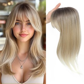 18 inch Hair Topper for Women with Bangs 3D 360° Cover Fluffy Toppers Synthetic Long Straight Thinning Hair Pieces for Women Clip in Bangs with Topper Rooted Ash Blonde Mix Platinum
