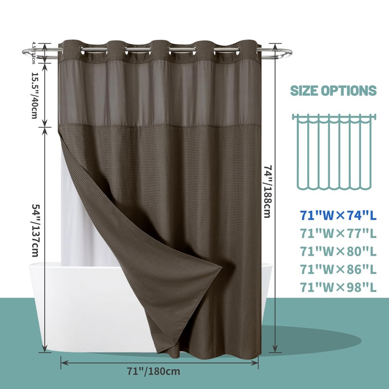 eachope Brown No Hook Waffle Weave Shower Curtain with snap-in