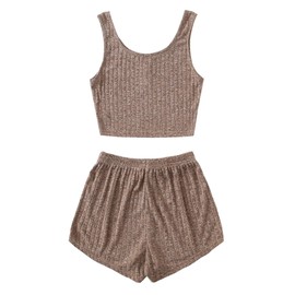 SOLY HUX Women's Button Front Ribbed Knit Tank Top and Shorts Pajama Set Sleepwear Lounge Sets Mocha Brown M