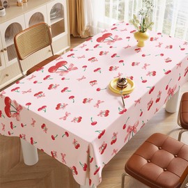 FujDun 4 Pcs Cherry Party Decorations Tablecloth, Plastic Waterproof Tablecover, Bow Cherry Tablecloth for Bachelorette Wedding Bridal Shower Baby Shower Birthday Party Supplies (54 inch x 108 inch)