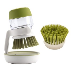 KASHLAND Soap Dispenser Palm Dish Scrub Brush with Storage Bracket – Drainage Base, Easy-to-Clean Kitchen Utensil Cleaner | Includes Replaceable Brush Head (Green)