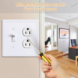 Kisrvopn Metal Wall Plates,Classic Beaded Switch Plate,Light Switch Covers,Electrical Outlet Covers,1-4 Gang Combo-Size Decorative Wall Plate Cover (2 Gang Toggle/Duplex 2 Pack, White)
