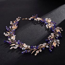 Teyglen- Diadema de novia con enredadera para el pelo, con cristales azules y hojas doradas, hecha a mano, en azul, rojo y verde