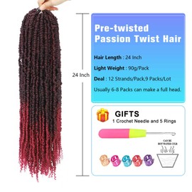Pre-twisted Passion Twist Hair Red, 24 Inch 6 Packs Pretwisted Passion Twist Crochet Hair,Soft Pre Looped Curly Ombre Crochet Hair For Black Women,Long Crochet Braids(24",Tburgundy#)