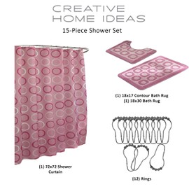 Creative Home Ideas 15-Piece Bathroom Shower Curtain Set – Set of 1 Shower Curtain & 12 Metal Hooks & 1 Bath Mat & 1 Contour Mat, Modern Bathroom Décor, Machine Washable, Terrell Dusty Rose