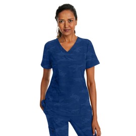 Healing Hands Scrubs for Women V-Neck Scrub Top Joy Camo with Moisture Wicking,360° Stretch & Quick Dry Fabric 2353, X-Large, Navy