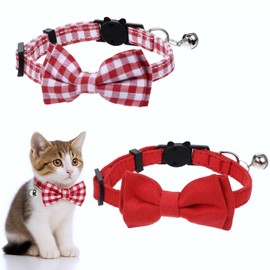 2 Pcs Cat Collar Breakaway Bowtie Safety with Bell Red Solid Plaid Adjustable Cute Kitten Collar Small Puppy Collars