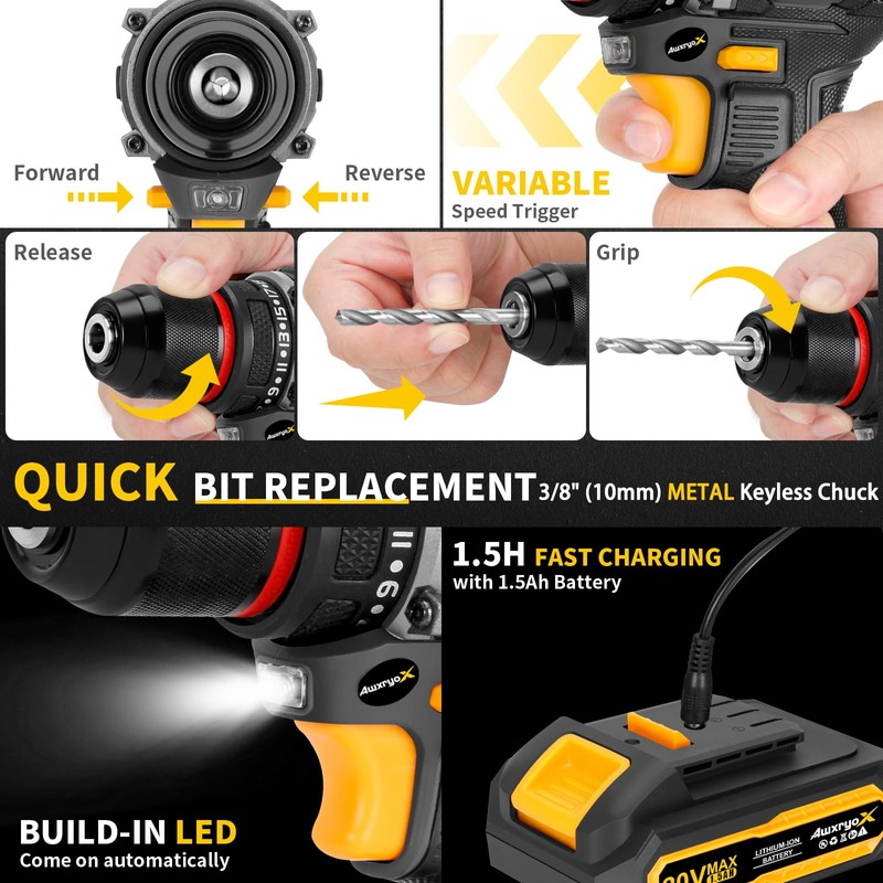 AwxryoX Brushless Compact Drill Tool Set, 60N.m 20V Cordless Drill