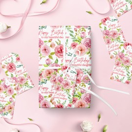 LeZakaa Floral Birthday Wrapping Paper Roll for Daughter, Lush Pink Rose, Happy Birthday to my Beautiful Daughter Gift Wrap for Daughter's Birthday, for Women, Girls, Mini Roll, 17inches x 16.4Feet