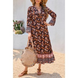 R.Vivimos Women's Boho Floral Print Midi Dress 2025 Long Sleeve V Neck Button Up Casual Loose Flowy Beach Long Dresses (Medium, Black)