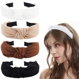 TELAIN Pack of 4 Hair Bands for Women, Top Knot Headbands for Girls, Hair Bands for Women, Plain Turban Wide Hair Bands in Black, White, Beige