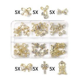 JERCLITY 30 Pieces 3D Luxury Alloy Gold Bow Nail Charms With Glitter Rhinestone Pearl Flat Back Cross Nail Charms Crown Bowknot Nail Charms Studs Nail Jewelry Accessories for Nail Art Decorations