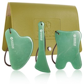 Lusomch 3PC Gua Sha Tools Set - Natural Nephrite Jade Facial & Body Stones, Hypoallergenic Skin Care Kit with Adjustable Cord & A Thoughful Acessory Pouch