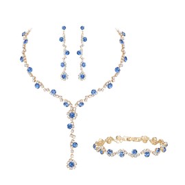 Crysdue Rhinestone Wedding Jewelry Set for Brides Bridesmaid, Sparkle Crystal Earrings Statement Necklace Bracelet Party Prom Jewellery for Women Light Blue Gold-Tone