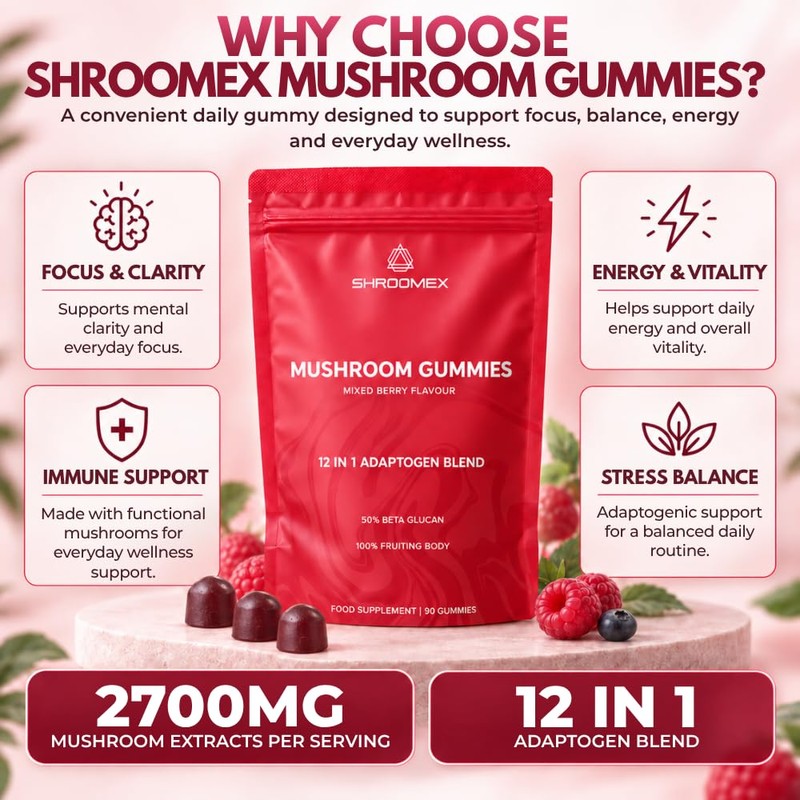 12-in-1 Mushroom Gummies 2,700mg with Lion's Mane, 90 Gummies