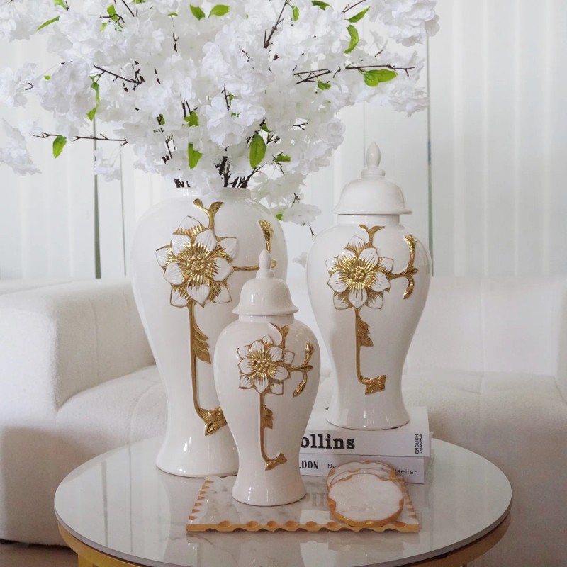 Homeroots 14" White and Gold Floral Urn Ceramic Ginger Jar
