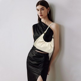 KKXIU Shoulder Bag Crescent Handbag Ruched Purse Underarm Bag Mini Hobo for Women,Detachable Gold Chain Crossbody Bag, Beige