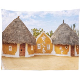 Loccor Indian Village Mud Hut Tapestry Astrakhan Village Traditional Colored Hut Near Thar Desert Wall Hanging for Party Decorations Home Living Room Decor 92''x70''