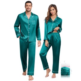 YOPUGEE Mens Satin Pajamas Set Long Sleeve Button-Down Pj Set Lightweight Sleepwear Loungewear for Holiday, Green-XXL