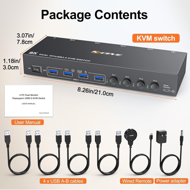 DisplayPort Reyoten KVM Switch, 4 Computers 2 Monitors, 8K@60Hz, 4×USB
