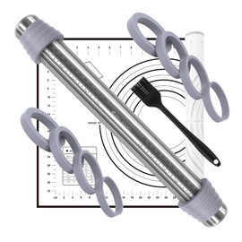 BELICOO Rolling Pin and Silicone Pastry Mat Set, Adjustable Stainless Steel Dough Roller Pin with Silicone Brush for Pizza, Pie, Cookie, Pasta and Bread (Grey, 16.1 '')