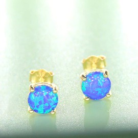 Gold Plating Sterling Silver Blue Fire Opal Stud Earrings for Women 6MM Faux Round Gemstone October Birthstone Earrings