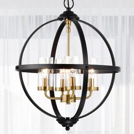 Treekee Rustic Chandelier, 17" Black and Gold Finish Glass Cover Luxurious Hanging Light, 4 Lights Globe Vintage Pendant Ceiling Light Fixtures for Living Room Entry Way Hallway