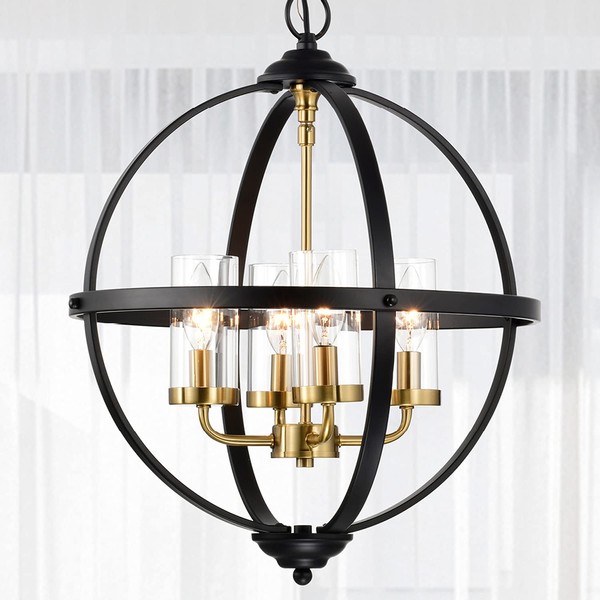 Treekee Rustic Chandelier, 17" Black and Gold Finish Glass Cover