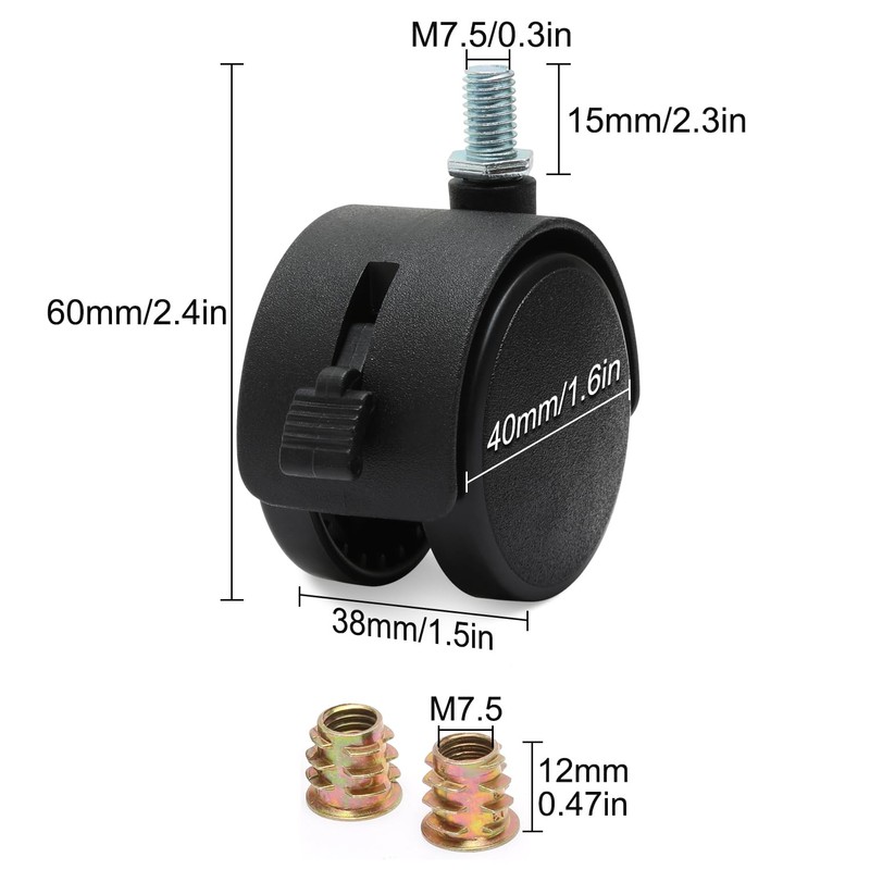 4 Pcs 1.6 Inch Nylon Caster Wheels with Brake, Black