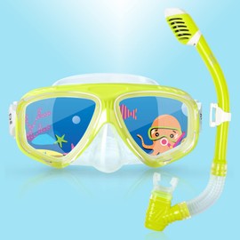 Snorkel Diving Mask for Children, Unisex Child, 180° Panoramic Vision, Anti-Fog Diving Mask for Boys, Girls, Swimming Goggles with Nose Cover, Snorkelling Equipment for Junior (Yellow Set)