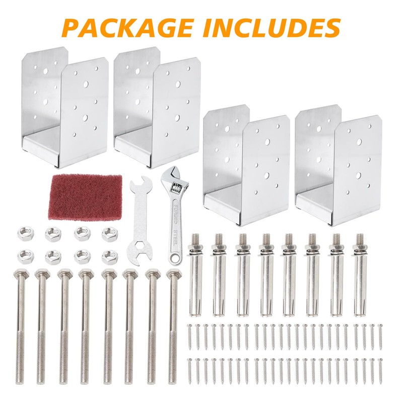 4"x4" Post Base Bracket (Internal 3.5"x3.5")，4 Pcs Stainless Steel Adjustable