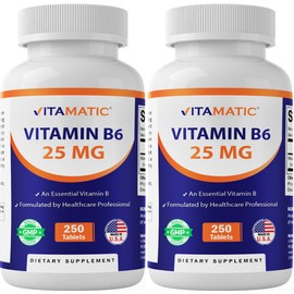 Vitamatic Vitamin B6 (Pyridoxine HCI), 25 mg 250 Vegetarian Tablets- 2 Pack