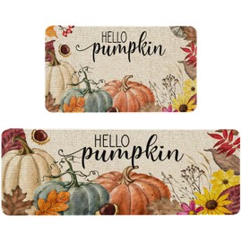 Hello Fall Kitchen Mat Set of 2, Thanksgiving Pumpkin Kitchen Rug, Holiday Creative Decorative Anti Fatigue Waterproof Stain Resistant Floor Rug Non Slip Cushioned Floor Mat - 17x29 and 17x47 Inch