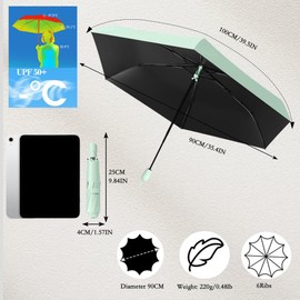 Mini Lightweight Automatic Open/Close Travel Folding Umbrella with Teflon Coating & UV Protection 50+ - for Men, Women & Kids, 6 Ribs, Compact for Backpack/Bag (Sun Protection & Rain), Green