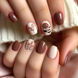 Fall Press on Nails Short False Nails with Pink Rose Leaves Designs Square Nails Press ons Glossy Glue on Nails Rose Acrylic Nails Brown Full Cover Autumn Stick on Nails for Women 24Pcs